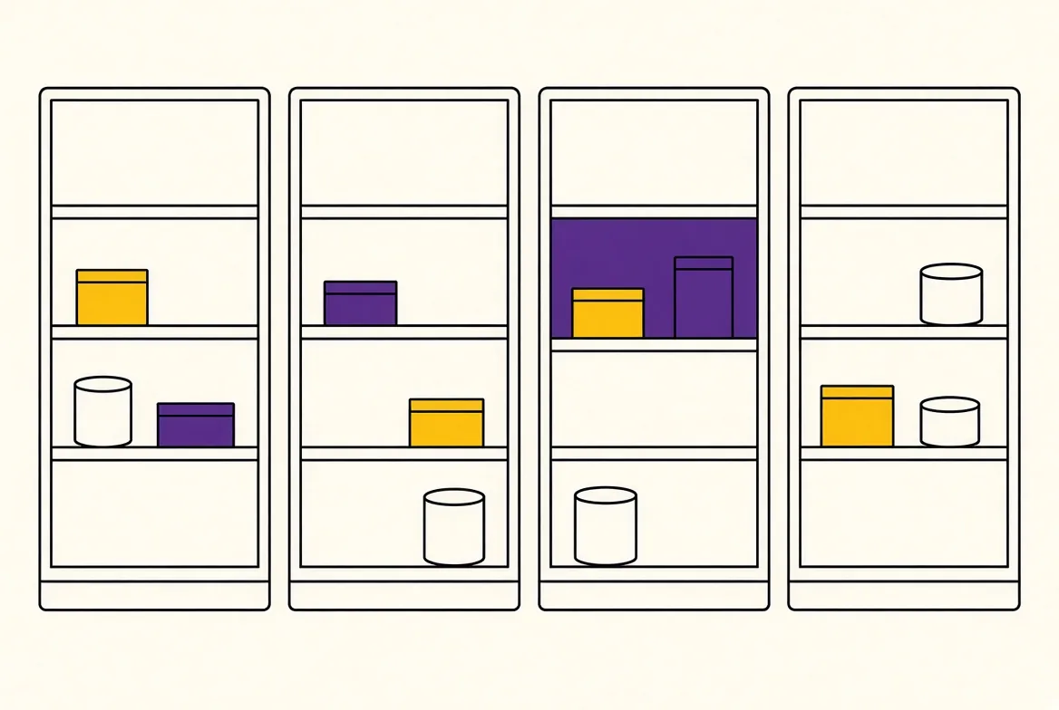 Line illustration of four shop shelving bays stocked with yellow and purple products