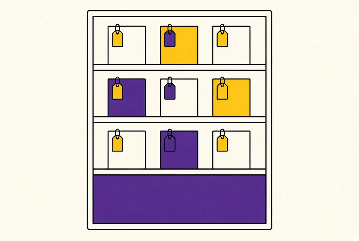 Line illustration of labelled product boxes on a shelf